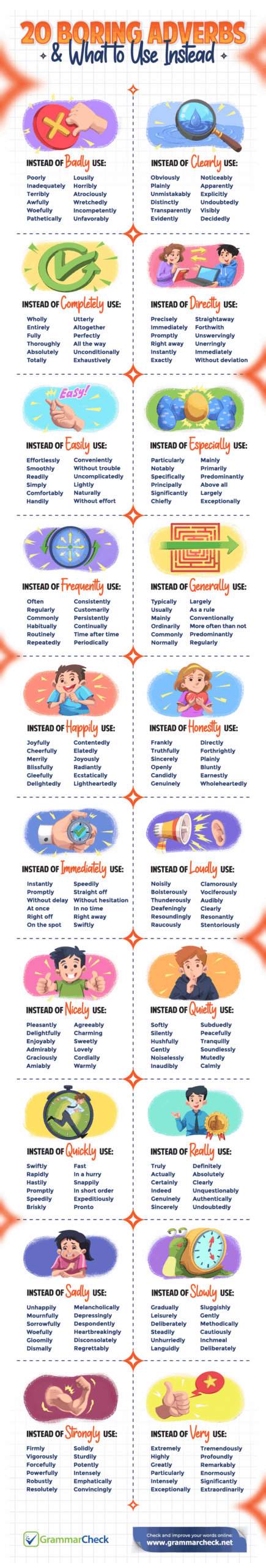 20 Boring Adverbs & What to Use Instead (Infographic) 20 Boring Adverbs & What to Use Instead (Infographic)